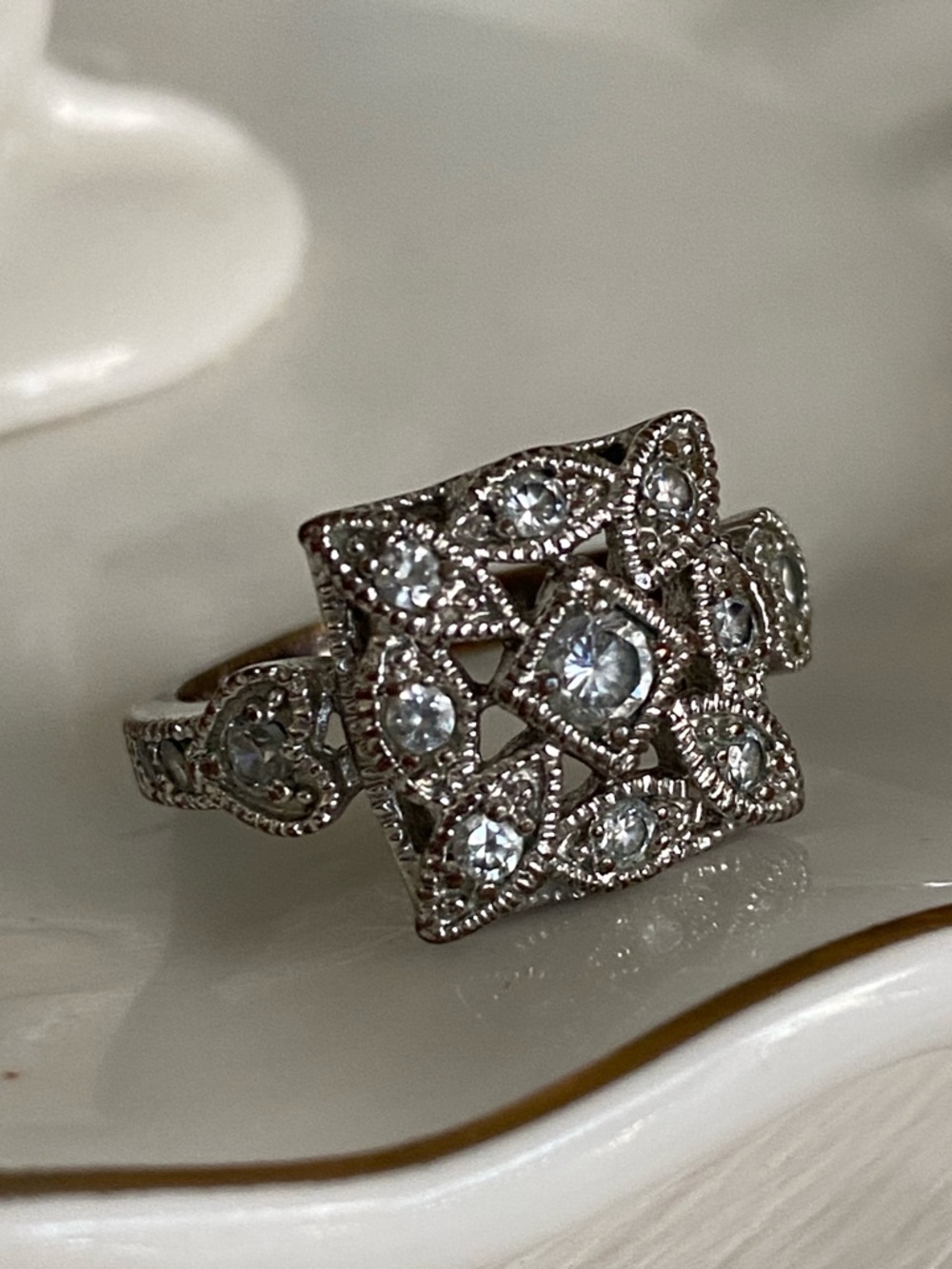 Silver Vintage Style Square Filigree Ring Floral & Crystals Marcasite Accents - Picture 11 of 16